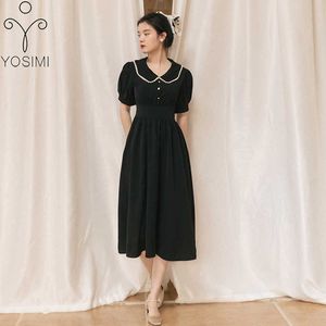 Yosimi Black Long Dres Summer Vintage Pearl Beading Short Puff Sleeve Fit and Flare Mid-Calf Empire A-Line Jurken 210604
