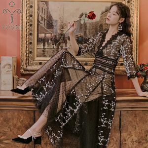 Yosimi Black Mesh Floral Embroidery Lange Vrouwen Jurk Zomer Vintage Diepe V-hals Enkle-length Avondfeest Elegant 210604