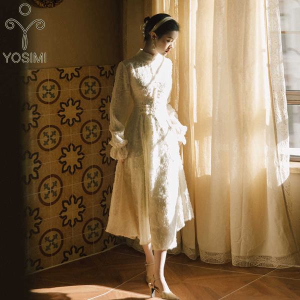 Yosimi style chinois Cheongsam printemps femmes robe de soirée automne vintage maille mi-mollet ajustement et évasé manches longues beige 210604