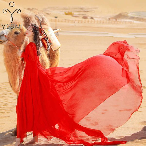 Yosimi palabra de longitud rojo largo vestido de mujer gasa verano con cuello en v linterna manga ajuste y llamarada vestidos de fiesta elegante 210604