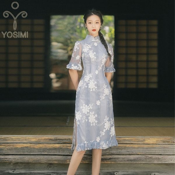 YOSIMI broderie florale gris dentelle à manches courtes mi-mollet femmes robe Vintage Style chinois amélioré Cheongsam élégant 210604