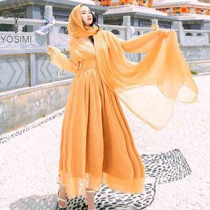Yosimi lange vrouwen jurk woestijn reizen zomer fit en flare maxi enkellengte bandage Empire Yellow Party 210604