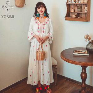 YOSIMI Longue Femmes Robe D'été Vintage Floral Broderie Indie Folk Blanc Coton O-cou Mi-mollet Manches Jaune 210604