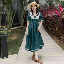 Yosimi lange vrouwen jurk zomer vintage groene patchwork beige preppy stijl kant korte mouw midden-kalf vestidos 210604