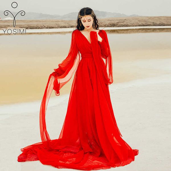 Vestido largo de chifón rojo de YOSIMI para mujer, vestidos de playa de manga larga hasta el suelo con escote en V ajustado y acampanado sin espalda 210604