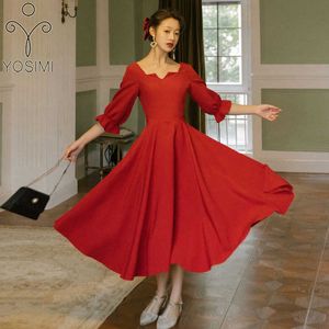 Yosimi Red Long Dress for Women Vintage Herfst Half Mouw Mid-Calf Square Collar Fit en Flare Party Elegant Vestido 210604