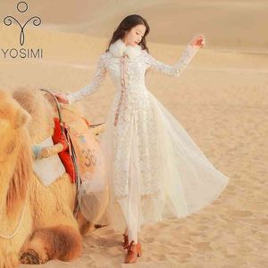 YOSIMI printemps deux pièces tenue à manches longues robe en dentelle Beige et maille longues robes Vintage Style chinois 2 ensemble 210604