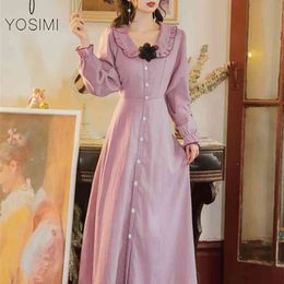 Yosimi primavera vestido de mujer manga larga media pantorrilla ajuste y llamarada peter pan collar vestidos púrpuras elegante vestido feminino 210604