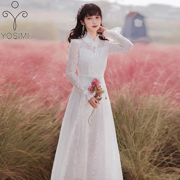YOSIMI été dentelle longue femmes robe Maxi Vintage blanc soirée col montant manches bande fée femme Vestido 210604