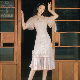 YOSIMI verano rosa mujer vestido elegante Midi Jacquard y malla manga corta estilo chino vaina mejorado Cheongsam 210604