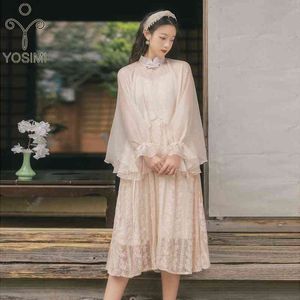 Yosimi zomer tweedelige outfit Chinese champagne bat mouw zonnebrandcrème top en mouwloze midden-kalf kanten jurk vintage 210604