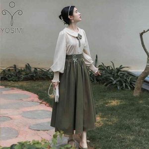 YOSIMI deux pièces tenues printemps Beige en mousseline de soie à manches longues Blouse haut et Bage jupe ensemble longue chemise femmes 210604