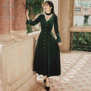 YOSIMI velours longue femmes robe vert Maxi Vintage col en v cheville longueur soirée es manches 210604