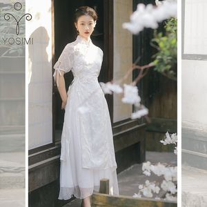 Yosimi White Women Dress Elegant Summer Borduurwerk Voile Mid-Calf Fit en Flare 2 Stuk Set Chinese Stlye Cheongsam 210604