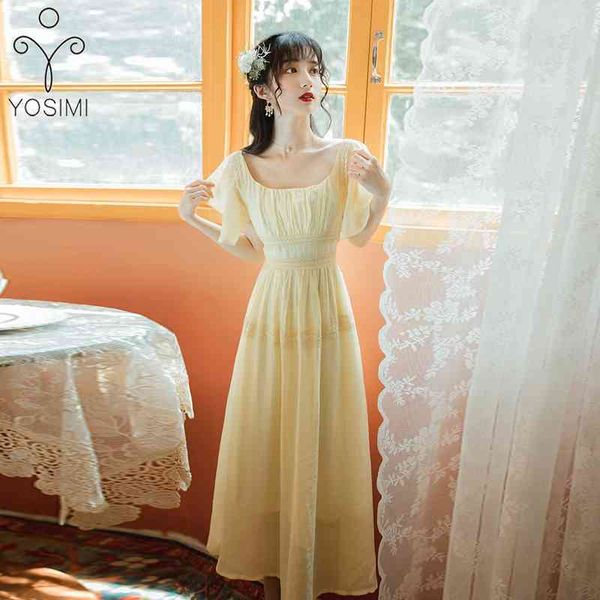 YOSIMI Frauen Chiffon Langes Kleid Sommer Gelb Elegant O-Ausschnitt Mitte der Wade Fit und Flare Kurzarm Party es 210604