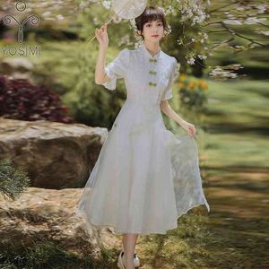 Yosimi vrouwen jurk elegante zomer chinese cheongsam voile en kant korte mouw midden-kalf wit party 210604