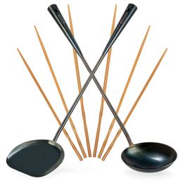 YOSUKATA Ensemble d'ustensiles pré-assaisonnés en acier au carbone bleu, spatule de 17 pouces, louche, 3 paires de baguettes, accessoires durables, cuisine asiatique traditionnelle - Outils pour wok