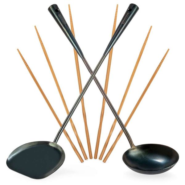 YOSUKATA Ensemble d'ustensiles pré-assaisonnés en acier au carbone bleu, spatule de 17 pouces, louche, 3 paires de baguettes, accessoires durables, cuisine asiatique traditionnelle - Outils pour wok