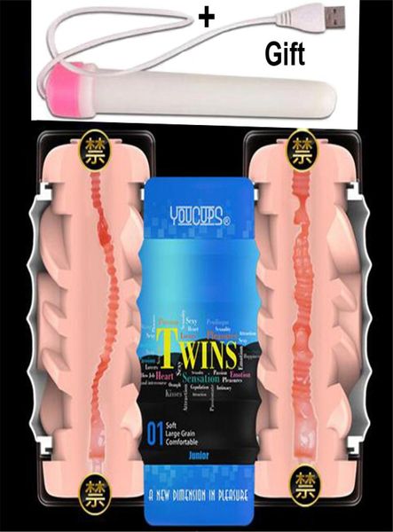 YouCups Copa de masturbación masculina de doble canal Silicona Realista Vagina Juguetes sexuales para adultos para hombres Pene Falso Coño Masturbador para hombre Y12730549