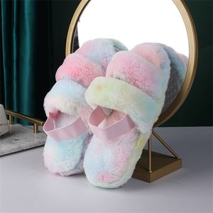 Youdiao femmes pantoufles fausse fourrure moelleux été hiver chaud en peluche gris couleur antidérapant floue confortable chambre maison fourrure pantoufles Y1120