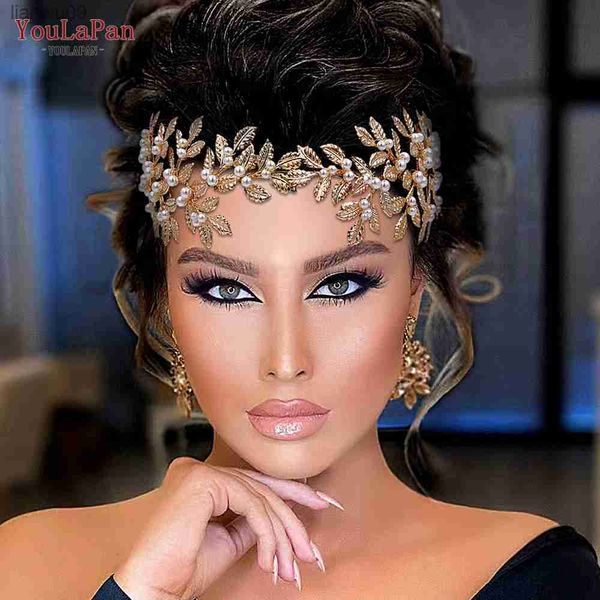 YouLaPan bandeau de mariée alliage feuille perle casque pour femme à la main diadème accessoires de cheveux de mariage filles coiffure HP353 L230704