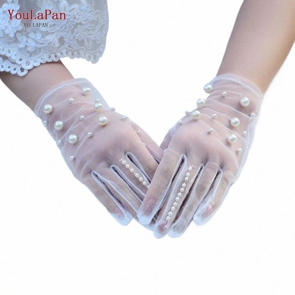 Youlapan M05 1 unid guantes cortos de novia de gasa blanca guantes con dedos de encaje fino con cuentas hechas a mano para mujeres y niñas accesorios de boda P3TU #