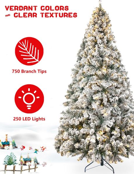 YouMedi Sapin de Noël artificiel floqué enneigé pré-éclairé de 2 m, sapin de Noël artificiel avec lumières blanches chaudes pour la maison, décoration de fête, base de charnières en métal