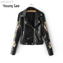 Young Gee Femmes Mode Cool Survêtement Floral Broderie Faux Cuir Manteau Moto Zipper Veste Rue À Manches Longues Vestes L220801