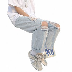 Jonge mannen Losse Tij Merk Gescheurde Jeans Koreaanse Trend Rechte Broek High Street Hip Hop Negen-punts Licht broek v0Oi #