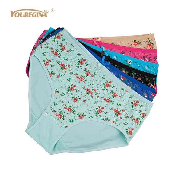 Youregina Femmes Culottes Coton Plus Taille Taille Haute Taille Imprimer Pantie Floral Lingerie Slips Dames Sous-vêtements 6pcs / Set 210730