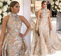 Yousef aljasmi 2021 hoge nek prom jurken met afneembare trein bescheiden luxe glanzende kant applique plus size avond pageant wear jassen