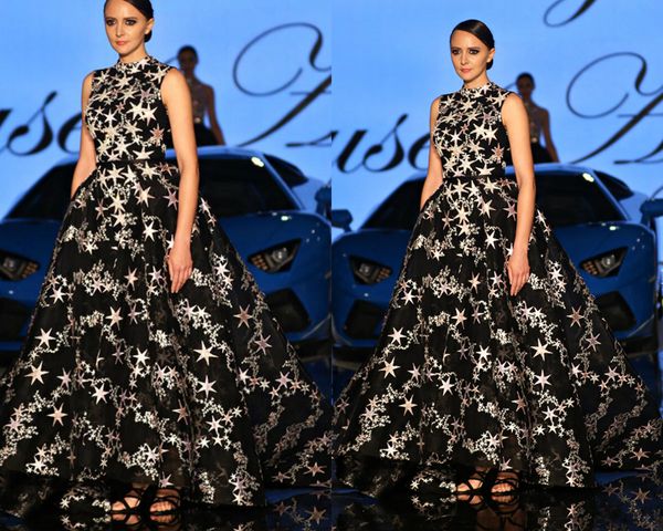 Yousef Aljasmi Robes de bal sirène noire avec jupe détachable col haut balayage train robe de Quinceanera Bling Stars robes de soirée grande taille