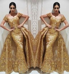 Yousef Aljasmi Vestidos de noche Vestido de fiesta de sirena con lentejuelas doradas Falda desmontable de encaje Vestidos para ocasiones árabes brillantes de Dubai 2414570