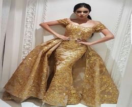 Youf Aljasmi Evening Wear Robes Sirène Robe de bal avec des paillettes dorées en dentelle Détachement Overskirt Train Sparkly Dubai Arabe Occa22220250