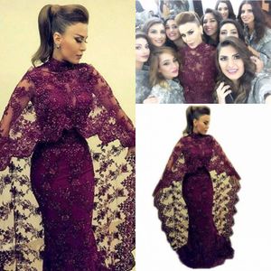 Yousef Aljasmi-vestido de noche musulmán, sirena de cuello alto, largo completo, encaje con cuentas brillantes, Abaya, vestidos formales con capa