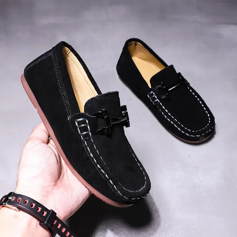 Youth Boys Casual Shoes Hand Made Kids Loafers Shoe Black Gray Big boy Casual Slip On Flats Shoes Suede Leather Kids Moccasins