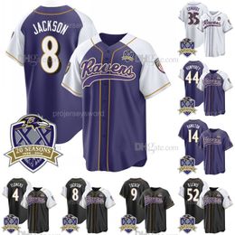 Ravens 20e saison Patch Baseball Jersey 8 Lamar Jackson 9 Justin Tucker 14 Kyle Hamilton 44 Marlon Humphrey 52 Ray Lewis 4 Zay Flowers 35 Gus Edwards Maillots cousus