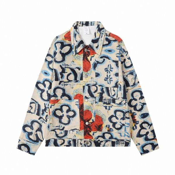 Códigos juveniles Floral Fr Plantas Chaqueta vaquera con estampado completo Hombre Grueso Punk Rocky Graffiti Outwear Pharrell Williams Kanye Abrigos 4208 #