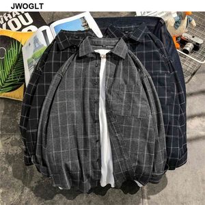Jeugd Fashion Herfst Nieuwe heren shirts Korea Style Button Down Black Navy Gray Long Sleeve Plaid Shirt 4xl 5xl 210412