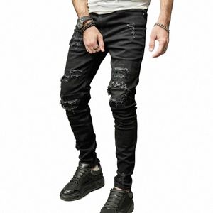 Jeugd Fi Zwart Patchwork Gescheurde Denim Broek Herfst Mannen Stretch Skinny Jeans Streetwear Mannelijke Casual Cott Potlood Broek 791e #