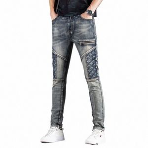 Jeunes Slim Fit Stretch Pantalon droit Biker Jeans Streetwear Persality Zipper Couture Broderie Pantalon en denim pour hommes à la mode y7cp #