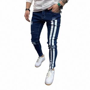 Jeunesse Vitality Hommes Skinny Jeans Pantalons Ripped Bande réfléchissante Stretch Pantalons pour hommes de haute qualité Casual Sports Jean G90d #