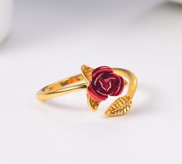 Yoyo Red Rose Flows Feuilles Renue de doigt résidante pour les femmes Gold Platedsilverrose Gold Valentine039s Gift Romantic Weddin2937890
