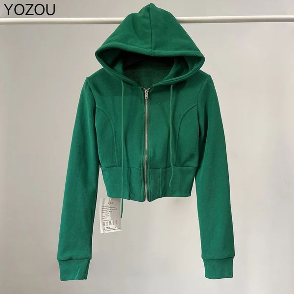 YOZOU 2023 vert rose noir recadré sweat à capuche zippé Slim Y2k solide sweat à capuche haut court femmes Kpop Streetwear Kawaii 231225