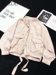 YOZOU Automne Automne Rose Soie Satin Surdimensionné Lâche Y2k Bomber Veste Baseball Fermeture Éclair Manteau Femmes Top Coréen Outwear Rave Tenues 240319