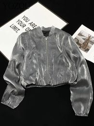 YOZOU luxe automne brillant argent soie Satin Bomber veste fermeture éclair manteau court Baseball haut court femmes vêtements d'extérieur élégant Kpop 240124