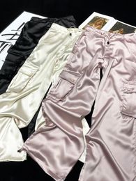 Yozou luxe zijden gorpcore vaste roze trekkoord vloeibare baggy lading broek vrouwen zwarte beige grijze streetwear broek bodems 240420