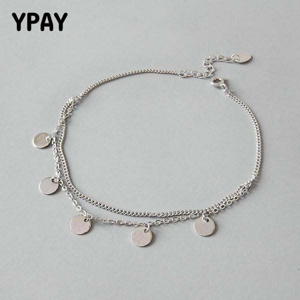 Tobilleras de doble capa de diseño Simple YPAY para mujer, pulsera de tobillo con cadena de pie de Plata de Ley 925 auténtica con abalorio redondo YMA030