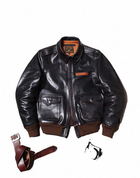 YR! Free Ship. Classic Classic Air Force A2 Natural Leather, chaqueta de vuelo Vintage Horsehide A2. Catio de cuero.