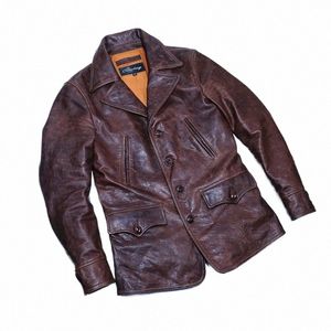 an!livraison gratuite.Veste vintage en cuir de cheval batik marron.Manteau classique en cuir véritable de style safari.Trench en cuir de qualité T32d#